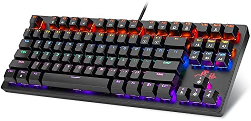 Rii RK908 Mechanical Gaming Keyboard RGB LED Rainbow Backlit Wired Compact Keyboard with Blue Switches 87 Keys for Windows PC Gaming