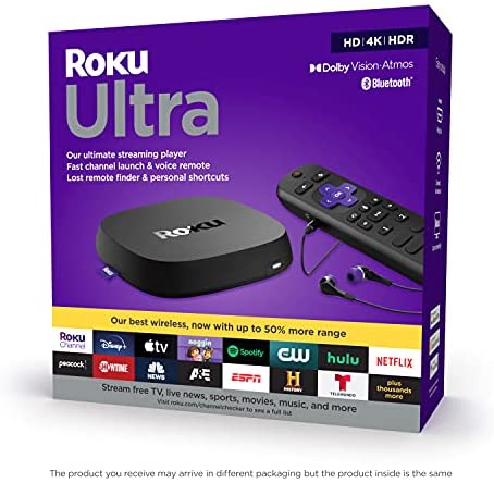 Roku Ultra | Streaming Device HD/4K/HDR/Dolby Vision with Dolby Atmos, Bluetooth Streaming, and Roku Voice Remote with Headphone Jack and Personal Shortcuts, includes Premium HDMI Cable