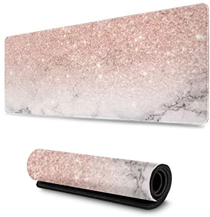 Rose Gold Marble Design Pattern XXL XL Large Gaming Mouse Pad Mat Long Extended Mousepad Desk Pad Non-Slip Rubber Mice Pads Stitched Edges (31.5×11.8×0.12 Inch)