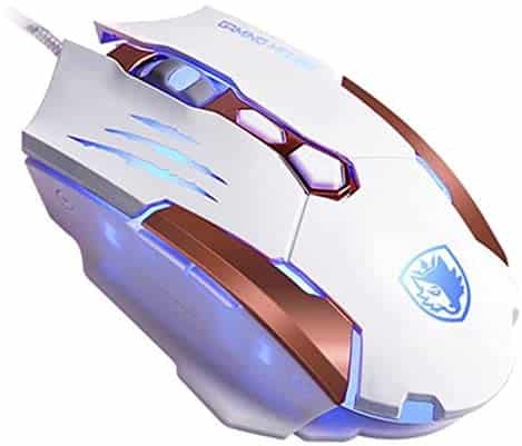 SADES Q6WHITE M [2016 Newest Gaming Mouse] Q6 USB 7 Buttons Gaming Mice for Pc/Mac,3500 DPI,4 Optical LED Colors,Metal Bottom(White)