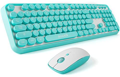 SADES V2020 Wireless Keyboard and Mouse Sets,White Blue Retro Style Keyboard with Round Keycaps,2.4GHz Dropout-Free Connection Mouse with 3 Adjustable DPI,Long Battery Life for Windows,Notebook,PC
