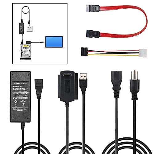 SATA PATA IDE Hard Drive to USB Adapter Converter Cable for Disk HDD SSD 2.5″ 3.5″ with AC Power Supply, Internal to External Laptop PC Mac File Data Transfer Reader Kit, Recovery Conversion Cord