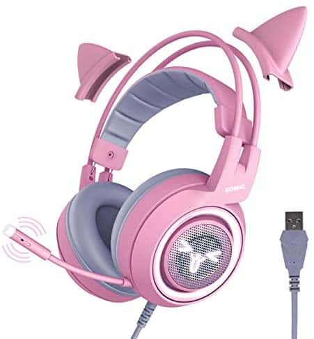 SOMIC G951pink Gaming Headset for PC, PS4, Laptop: 7.1 Virtual Surround Sound Detachable Cat Ear Headphones LED, USB, Lightweight Self-Adjusting Over Ear Headphones for Girlfriend Women