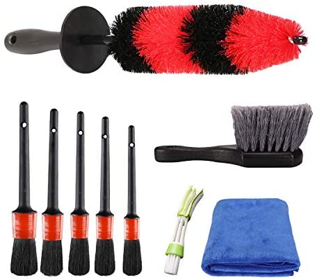 SPTA 9Pcs Wheel & Tire Brush Car Detailing kit, Easy Reach Wheel and Rim Brush, 5pcs Detailing Brushes, Short Handle Cleaning Brush, 1pc Microfiber Cleaning Cloth, Great to Clean Dirty Tires