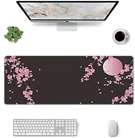 Sakura Cherry Blossom Extended Gaming Mouse Pad Non-Slip Rubber Base Pink Large Mousepad 31.5×11.8in with Stitched Edge Waterproof Flower Keyboard Pads Black Desk Laptop Mats for Work/Game/Office