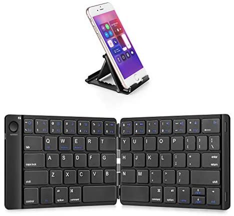 Samsers Foldable Bluetooth Keyboard – Portable Wireless Keyboard with Stand Holder, Rechargeable Full Size Ultra Slim Folding Keyboard Compatible IOS Android Windows Smartphone Tablet and Laptop-Black