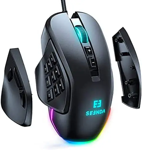 Seenda Vanguard S RGB Gaming Mouse with Interchangable Side Plate, 10000 DPI Programmable Macros and Customizable MMO Computer Gaming Mice with Side Buttons, Black