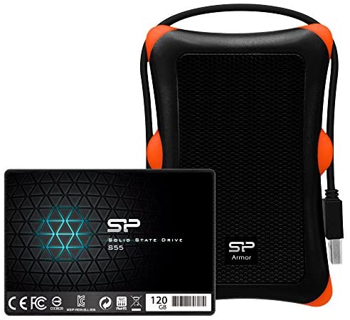 Silicon Power 120GB SSD Upgrade Kit- includes Slim S55 SATA III 2.5″ SSD, shockproof Armor A30 Hard Drive Enclosure and free cloning Software SP120GBSS3S55S27BT
