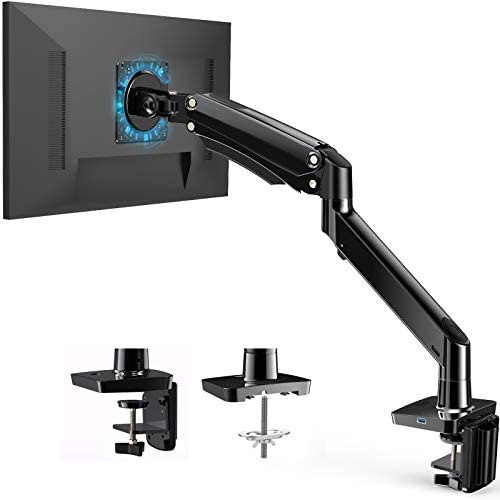 Single Monitor Mount Stand, Heavy-Duty Computer Monitor Stand for Desk, Height Adjustable Gas Spring Monitor Arm for 15-35 Inch Screen with USB, Ultrawide Monitor Mount Holds up to 26.4lbs, APSS12B