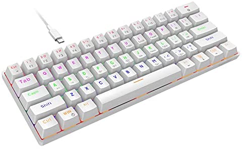 Snpurdiri Wired 60% Mechanical Gaming Keyboard, Full Anti-Ghosting 61 Key, RGB Backlit Ultra-Compact Blue Switch Double Foot, White