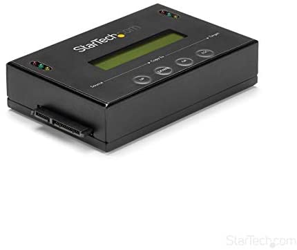 StarTech.com 1:1 Hard Drive Duplicator and Eraser for 2.5″ & 3.5” SATA HDD SSD – LCD & RS-232  – 14GBpm Duplication Speed – Cloner & Wiper (SATDUP11) Black