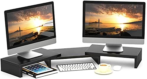 TAVR Dual Monitor Stand Riser – Office Desktop Organizer Stands for 2 Monitors Length and Angle Adjustable 3 Shelf, Multifunctional Stand fit Computer, Laptop, PC, TV – Max 48.2″ Length Black