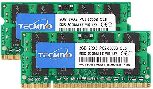 TECMIYO 4GB Kit (2x2GB) DDR2 Sodimm 667Mhz PC2-5300 PC2-5300S Non ECC Unbuffered 1.8V CL5 2RX8 Dual Rank 200 Pin Laptop Notebook Computer Memory Ram Module