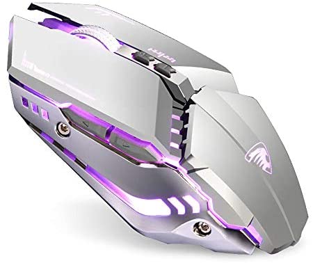 TENMOS T12 Wireless Gaming Mouse Rechargeable, 2.4G Silent Optical Wireless Computer Mice with Changeable LED Light Compatible with Laptop PC, 7 Buttons, 3 Adjustable DPI (Silver)