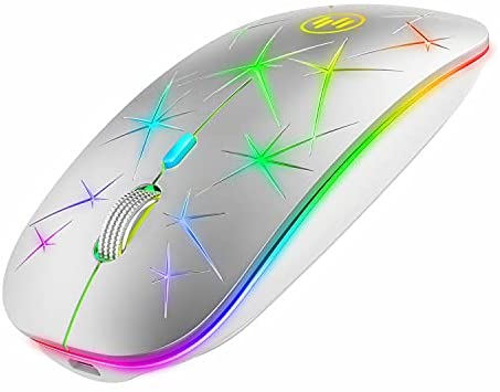 TENMOS T18 LED Wireless Mouse, 2.4G Rechargeable Firework Light Up Silent Cordless Mouse with USB Receiver Type C Adapter for Laptop,Computer,MacBook(Silver)