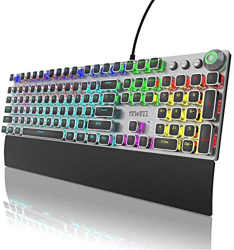 TEWELL Mechanical Gaming Keyboard, RGB LED Rainbow Gaming Backlit, 104 Anti-ghosting Keys, Quick-Response Quiet Black Switches, Multimedia Control for PC and Desktop Computer, with Removable Hand Rest