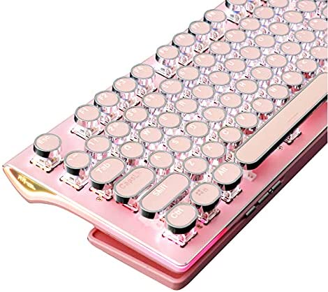 TISHLED Pink Typewriter Style Mechanical Gaming Keyboard with White LED Backlit, Ergonomic Foldable Wrist Rest, 108-Key Blue Switch Kawaii Retro Round Keycaps Light Up Wired USB for PC, Mac, Laptop