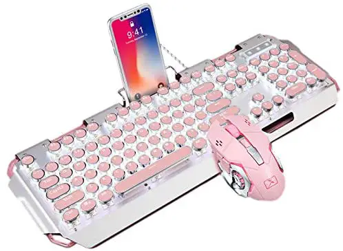 TISHLED Typewriter Style Mechanical Gaming Keyboard and Mouse Combo, 104-Key Anti-Ghosting Blue Switch Retro Steampunk Round Keycaps Metal Panel White LED Backlit Wired USB for PC, Mac, Laptop (Pink)
