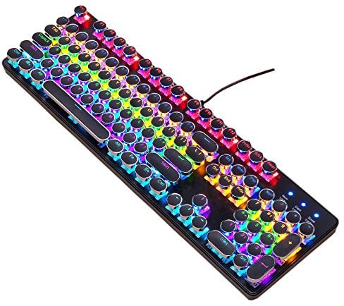 TISHLED Typewriter Style Mechanical Gaming Keyboard with Rainbow RGB LED Backlit, 104-Key NKRO Blue Switch Retro Steampunk Vintage Round Keycaps Metal Panel Wired USB, Black