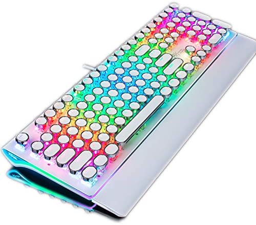 TISHLED Typewriter Style Mechanical Gaming Keyboard with True RGB Backlit, Collapsible Wrist Rest, 108-Key Anti-Ghosting Blue Switch Retro Steampunk Vintage Round Keycaps, Metal Panel Wired USB, White