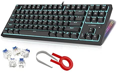 TKL Mechanical Gaming Keyboard, E-YOOSO Wired Mechanical Keyboard, 87 Keys Blue Switches Keyboard with Blue Backlit & RGB LED Sidelight, Water-Resistant Gaming Keyboard for PC, MAC, PS4 Gamer…