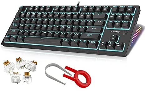 TKL Mechanical Keyboard, E-YOOSO Mechanical Gaming Keyboard, Blue Backlit Wired Keyboard with Brown Switches & RGB LED Sidelight, 87 Keys Water-Resistant Gaming Keyboard for PC, MAC, PS4 Gamer