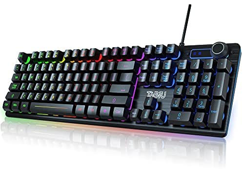 TNBIU Gaming Keyboard, 105-Key Wired Membrane Keyboard, Rainbow LED Backlit Keyboard, Floating Keycap Design, Aluminum Alloy Panel, Stylish Appearance Design, Suitable for Desktop, Computer, PC