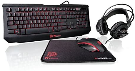 Thermaltake Tt eSPORTS Knucker 4-in-1 3 Color Membrane Keyboard & 2400 DPI Avago 5050 Optical Gaming Mouse & Headset & Mouse Pad Combo Kit KB-GCK-PLBLUS-01