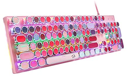 Typewriter Mechanical Gaming Keyboard with RGB Side Lit and Rainbow Backlit, Retro Style, Blue Switches, Lipstick 104 Keys by Redragon for Mac, PC, Cute Pink
