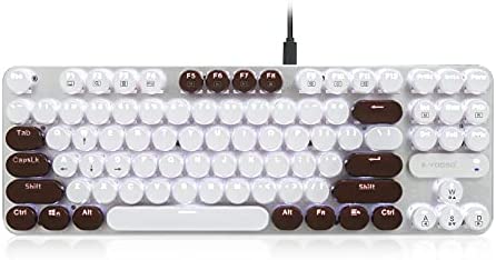 Typewriter Mechanical Gaming Keyboard with Retro Style, Led Backlit, Low Profile, Red Switches, USB Wired 87 Keys N-Key Rollover, White and Chocolate