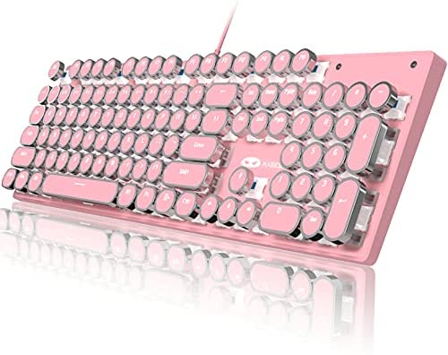 Typewriter Style Mechanical Gaming Keyboard, Camiysn Pink Retro Punk Gaming Keyboard with White Backlit, 104 Keys Blue Switch Wired Cute Keyboard, Round Keycaps for Windows/Mac/PC