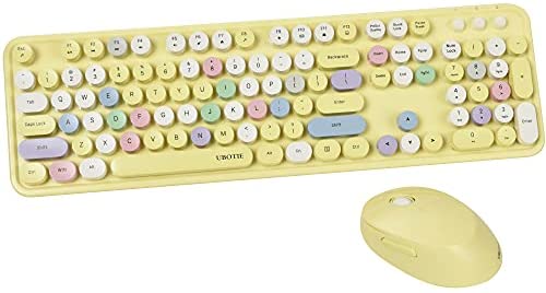 UBOTIE Colorful Computer Wireless Keyboard Mouse Combos, Typewriter Flexible Keys Office Full-Sized Keyboard, 2.4GHz Dropout-Free Connection and Optical Mouse (Yellow-Polychrome)
