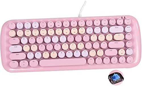 UBOTIE Colorful Gaming Mechanical Keyboards, Mini 84keys Blue Switches Wired Retro Typewriter Computer Keyboards with Adjustable White Backlit and 1.8m USB Cable (Pink-Colorful)