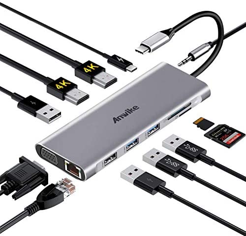 USB C Hub, ANWIKE Docking Station Compatible MacBook Pro & MacBook Air, ipad Pro,Dell XPS, MacBook Docking Station (DP ALT) with 2 HDMI, VGA, Ethernet, Audio, 4 USB Ports, USB-C PD, SD/TF