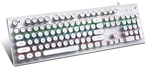 USB LED Backlit Retro Typewriter Mechanical Keyboard -Blue Switch – Round Keycaps -104 Keys Vintage Inspired Steampunk Gaming Keyboard–Mechanical Gaming Keyboard for PC/Mac/Gamer/Typ (White)