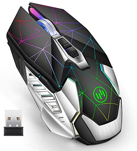 Uiosmuph G10 LED Wireless Gaming Mouse, 2.4G Optical Rechargeable Wireless Mouse, Silent Wireless Computer Mouse with LED Light and Metal Base (Black)