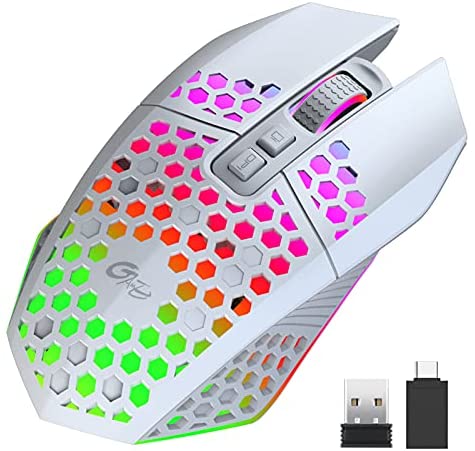 Uiosmuph X801 Wireless Lightweight Gaming Mouse, Ultralight Honeycomb Optical Rechargeable LED Wireless Gaming Mouse with RGB Backlit, USB Receiver, 7 Button, One-Click Desktop – White