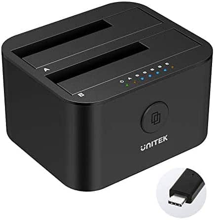Unitek Type C USB 3.0 to SATA I/II/III Mini Dual Bay External Hard Drive Docking Station for 2.5/3.5-inch HDD SSD, Offline Clone Duplicator Function Support UASP and 2 X 16TB with 12V/3A Power Adapter