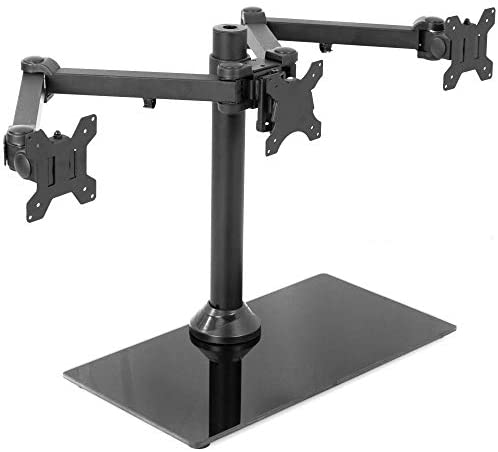 VIVO Black Triple Monitor Mount Freestanding Desk Stand with Glass Base, Heavy Duty Fully Adjustable Stand for 3 Screens up to 24 inches STAND-V003FG