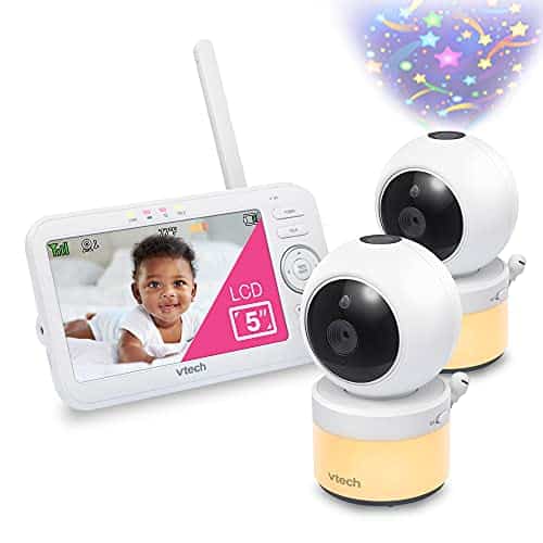 VTech VM5463-2 Video Baby Monitor with 5″ Screen, Pan Tilt Zoom, Sound Activated Night Light and Vision, Glow on The Ceiling Projection, Multiple Viewing Options, 2 Cameras
