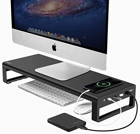 Vaydeer USB 3.0 Aluminum Monitor Stand Metal Riser Support Transfer Data,Keyboard and Mouse Storage Desk Organizer for Laptop,Computer,Notebook,MacBook(Monitor Size Up to 27 inches)(Black)