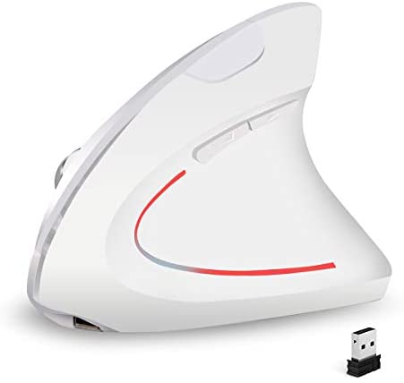 Vertical Wireless Mouse Ergonomic Mouse Rechargeable 2.4G Optical Computer Mouse with USB Receiver, 90% Less Click Noise, 800 / 1200 /1600 DPI, 5 Buttons for Laptop, Desktop, PC, MacBook – White