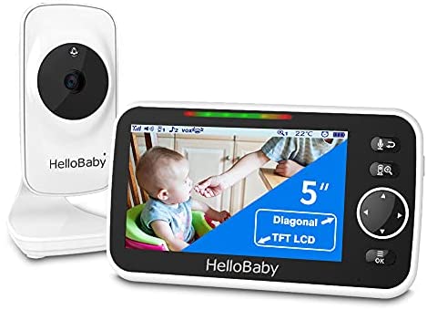 Video Baby Monitor with Camera and Audio, 5″ Color LCD Screen, HelloBaby Monitor Camera, Infrared Night Vision, Temperature Display, Lullaby, Two Way Audio and VOX Mode