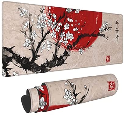 Vintage Japanese Sumie Painting Red Sun Sakura Cherry Blossom Gaming Mouse Pad, Long Extended XL Mousepad Desk Pad, Large Non Slip Rubber Mice Pads Stitched Edges, 31.5” X 11.8”