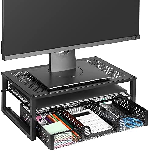 Vontreux Metal Monitor Stand Riser and Computer Desk Organizer with Drawer for Laptop, Computer, iMac, Black