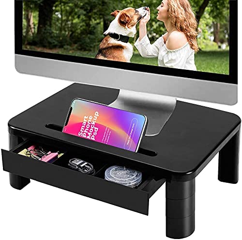 Vplus Compuer Monitor Stand Riser with Drawe Built with Storage Drawer 3 Height Adjustable Monitor Riser for Computer, Laptop, Screen, Computer Desktop Organizer with Phone & Tablet Holder