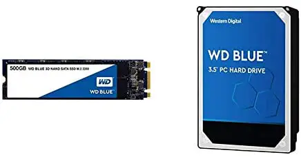 WD Blue 3D NAND 500GB Internal PC SSD – SATA III 6 Gb/s, M.2 2280, Up to 560 MB/s – WDS500G2B0B Bundle with WD Blue 1TB PC Hard Drive – 7200 RPM Class, SATA 6 Gb/s, 64 MB Cache, 3.5″ – WD10EZEX