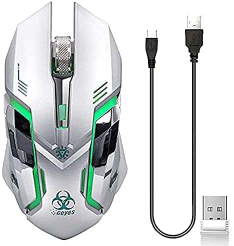 WFB Wireless Gaming Mouse Rechargeable Silent Click Optical Computer Mice with Nano Receiver,Changing Breathing Backlit, 3 Adjustable DPI Up to 2400 for Laptop,PC,MacBook etc (Updated Version,Silver)