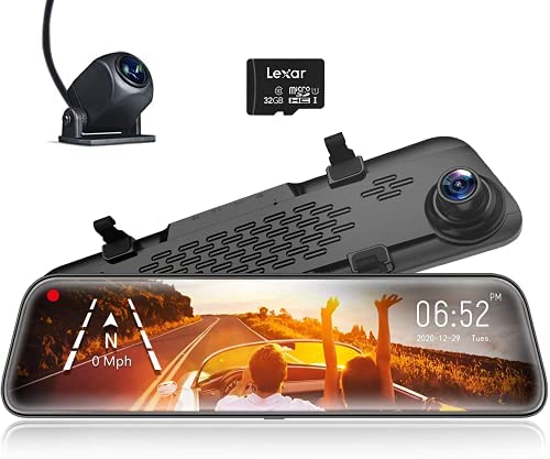 WOLFBOX 12“ Mirror Dash Cam Backup Camera,1296P Full HD Smart Rearview Mirror for Cars & Trucks, Sony IMX335 Front and Rear View Dual Lens, Night Vision, LDWS, Parking Assistance, Free 32GB Card & GPS