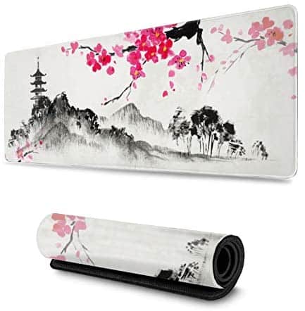 Watercolor Japanese Sumi E Sakura Hills Cherry Blossom Gaming Mouse Pad XL, Extended Large Mouse Mat Desk Pad, Stitched Edges Mousepad, Long Non Slip Rubber Base Mice Pad, 31.5 X 11.8 Inch